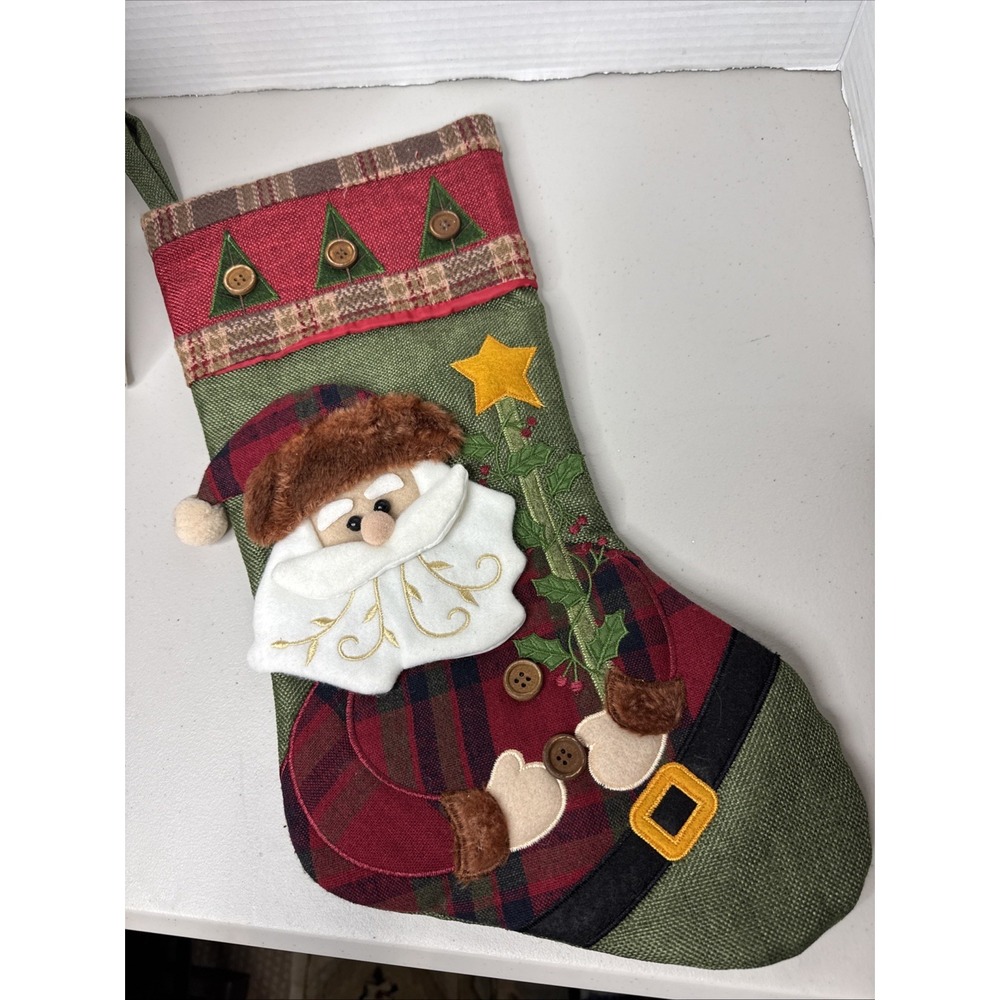 Christmas Stocking 3-D Santa Face Fur Trim Hat Cuffs‎ Red Plaid Gold Star 17 "